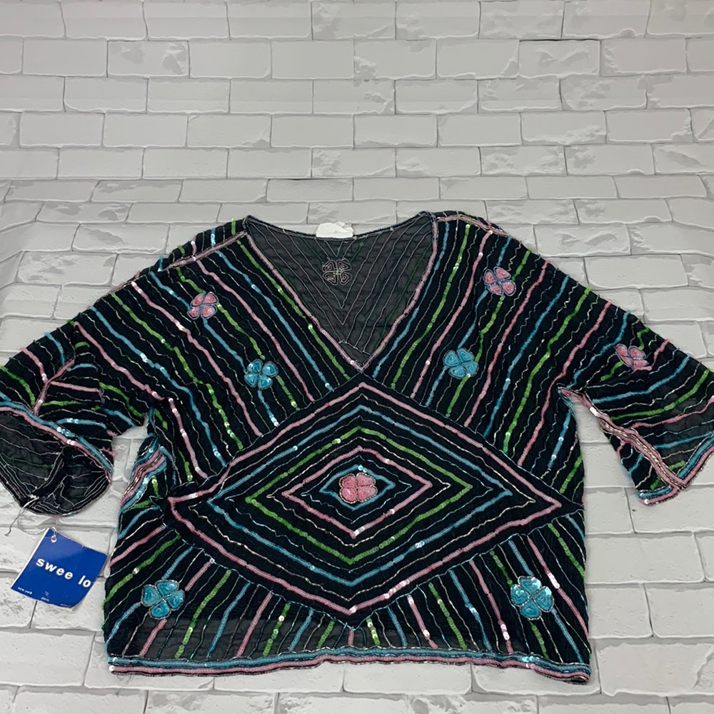 Vintage Swee Lo Vintage Silk and Sequined floral blouse top New Pink blue black